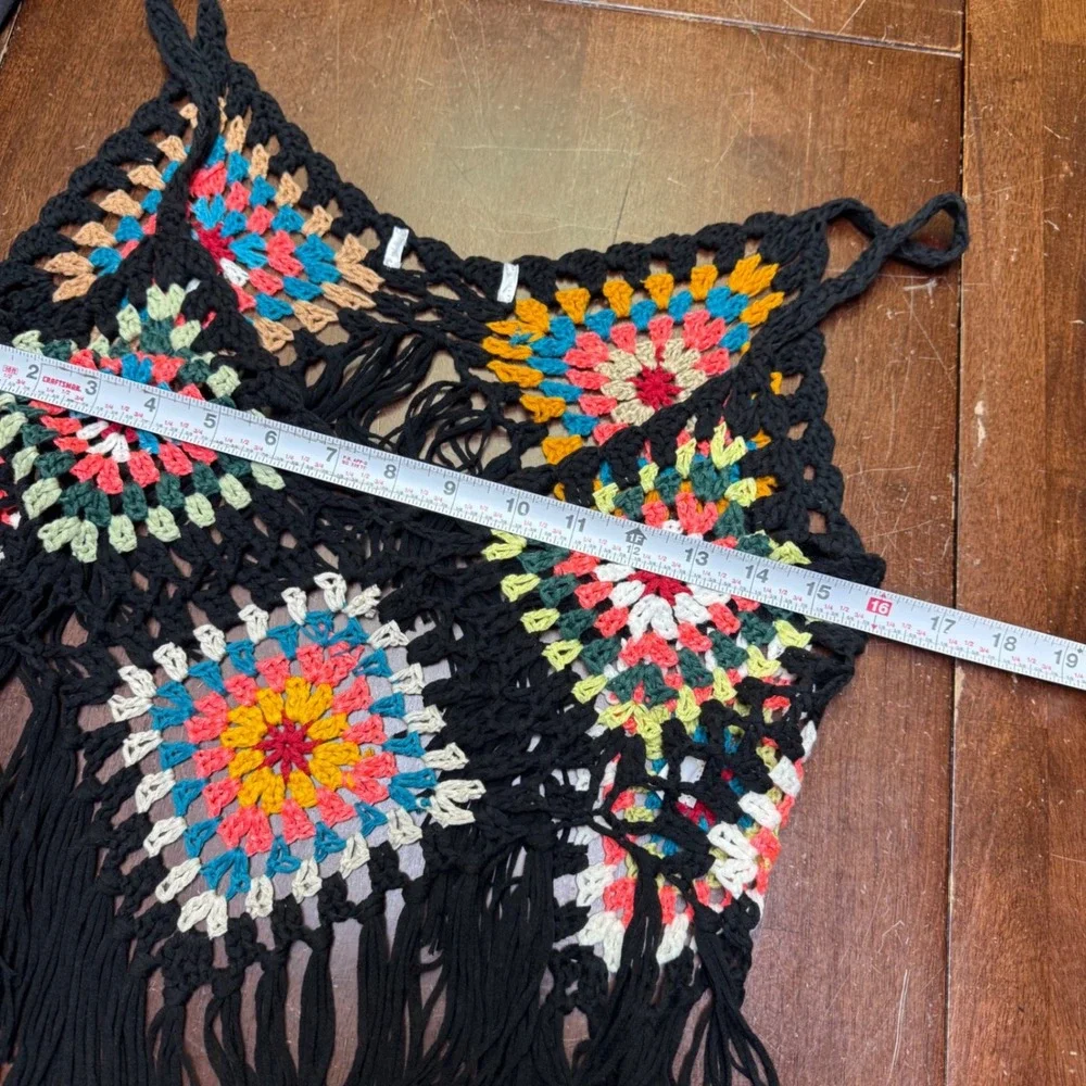 Crochet Granny Square Cami Top Womens Small Black Multi Fringe Boho